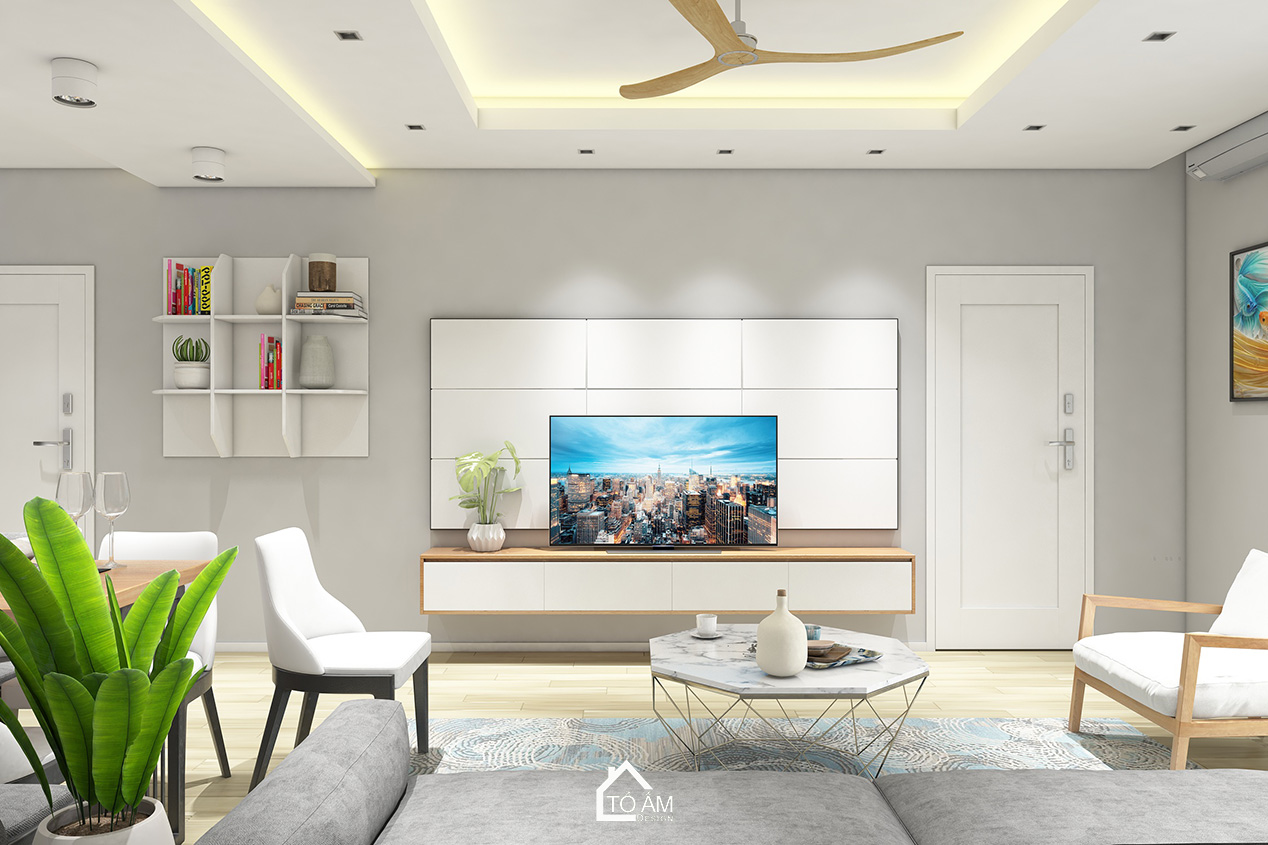 Phòng khách hiện đại, gam màu trắng – Thiết kế 3D chung cư 2 ngủ Hoàng Mai - Tổ Ấm Design