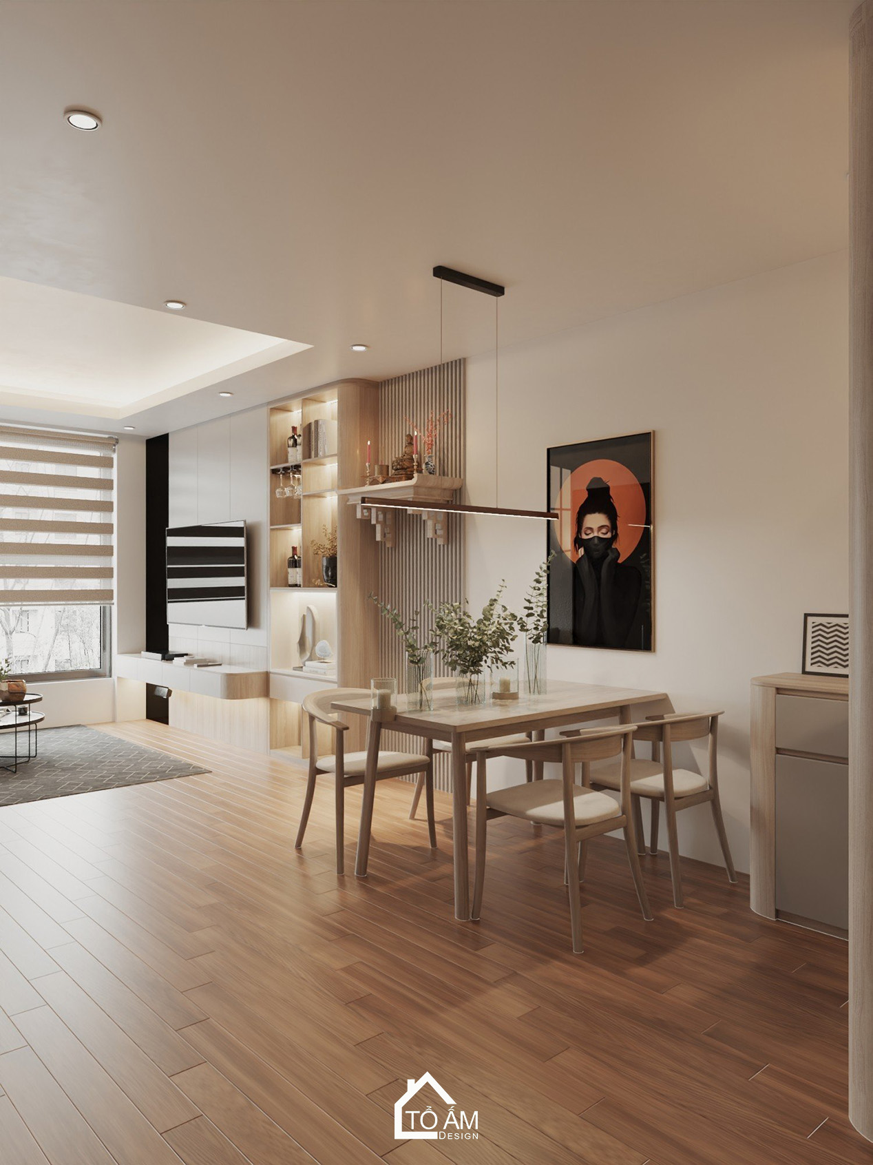 Không gian phòng khách – bàn ăn chung cư 3 ngủ ấm cúng - Thiết kế 3D phòng khách chung cư Ecolake View – Tổ Ấm Design