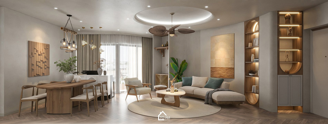 Phòng khách wabisabi tone be gỗ chung cư 173 Xuân Thủy – Thiết kế 3D chung cư 3 ngủ phong cách Wabisabi – Tổ Ấm Design