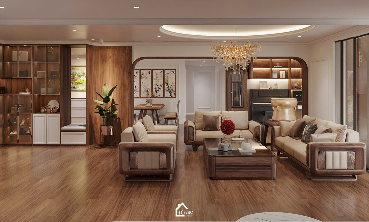 Phòng khách sang trọng, ấm cùng và đầy đủ tiện nghi - Thiết kế 3D chung cư 4 ngủ Mulberry Land - Tổ Ấm Design