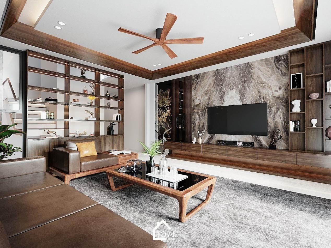 Thiết kế 3D nhà phố liền kề 3 tầng Bắc Ninh – Phòng khách hiện đại với gỗ Óc Chó sang trọng do Tổ Ấm Design thực hiện.
