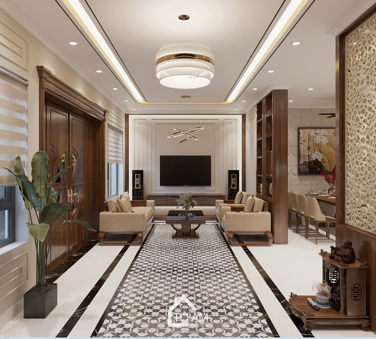 Phòng khách Art Décor hiện đại – Thiết kế 3D nhà phố Yên Nghĩa - Tổ Ấm Design