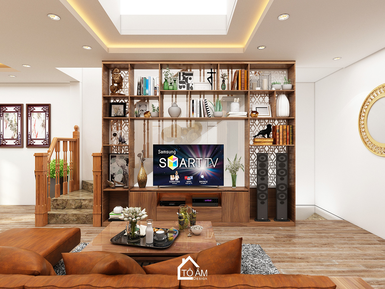 Ảnh 3D thiết kế nhà phố hiện đại tại Thường Tín – Tổ Ấm Design – không gian phòng khách sang trọng, tinh tế với chất liệu gỗ Óc Chó