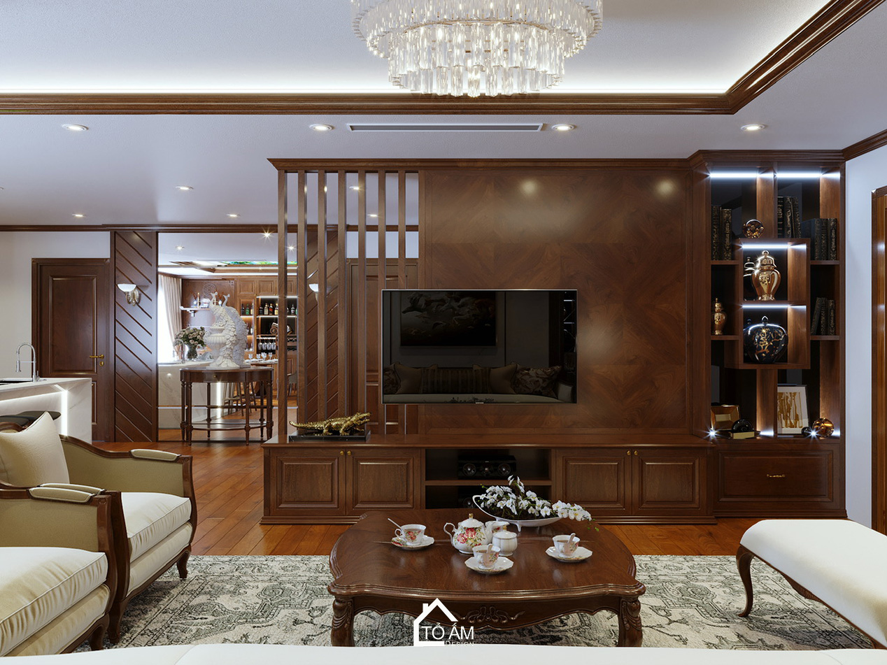 Phòng khách sang trọng với phong cách Tân cổ điển – Thiết kế 3D chung cư 1 ngủ Cầu Giấy - Tổ Ấm Design