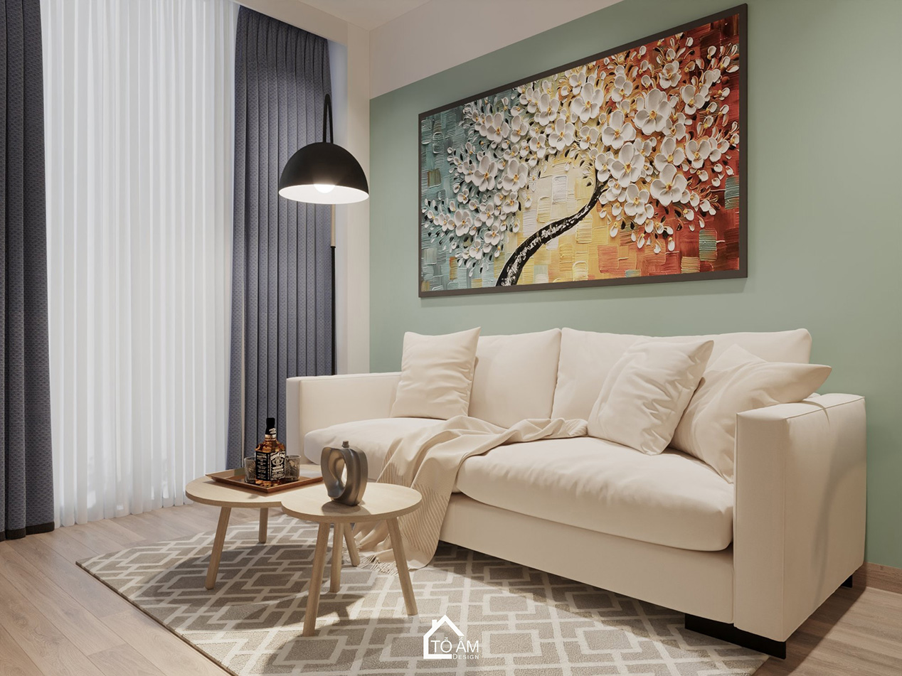 Thiết kế 3D phòng khách – bếp pastel chung cư 2 ngủ chữa lành - Tổ Ấm Design