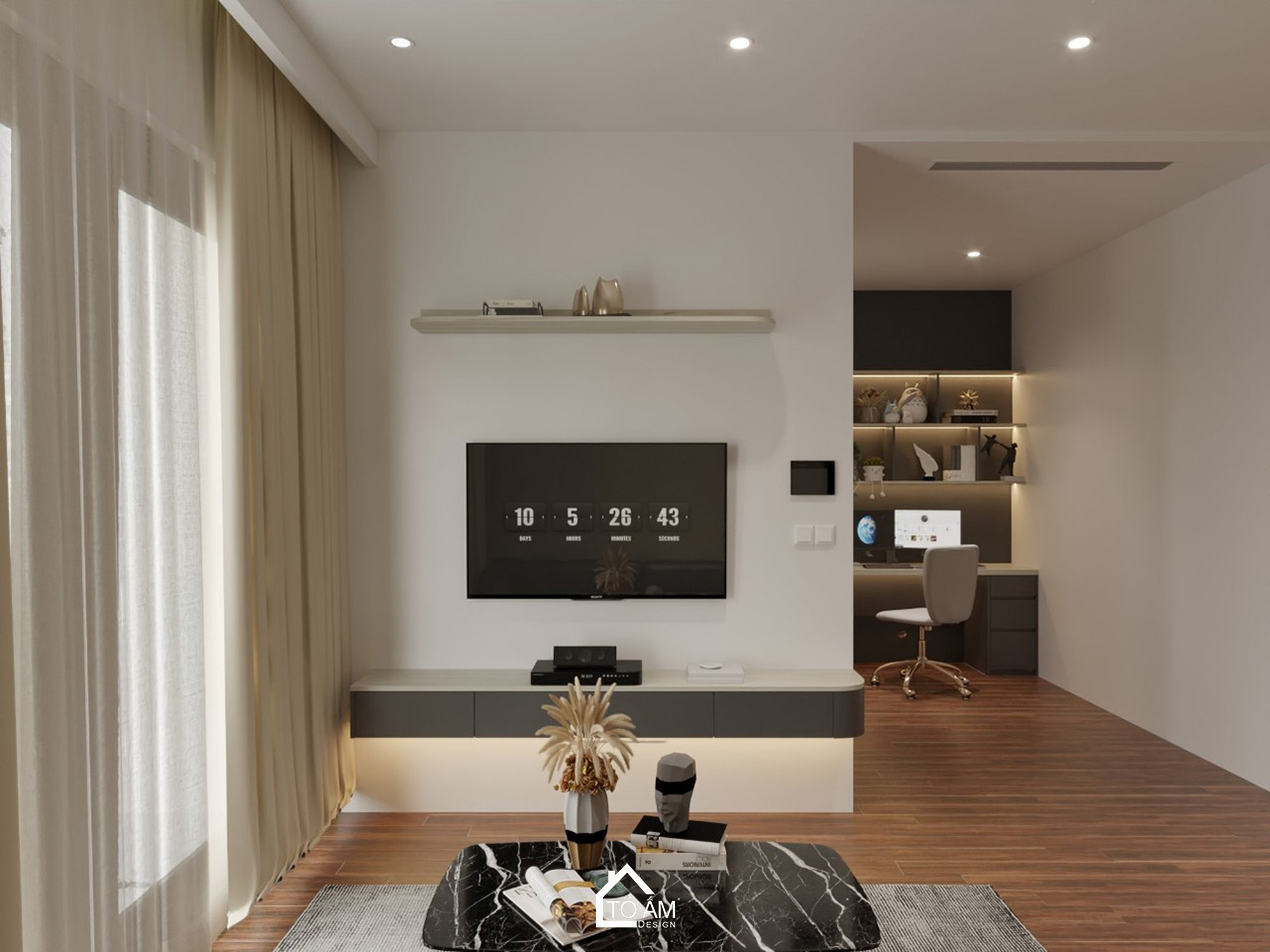 Phòng khách kết hợp bếp hiện đại tối giản, tinh tế dành cho người độc thân – Thiết kế 3D chung cư cho người độc thân - Tổ Ấm Design