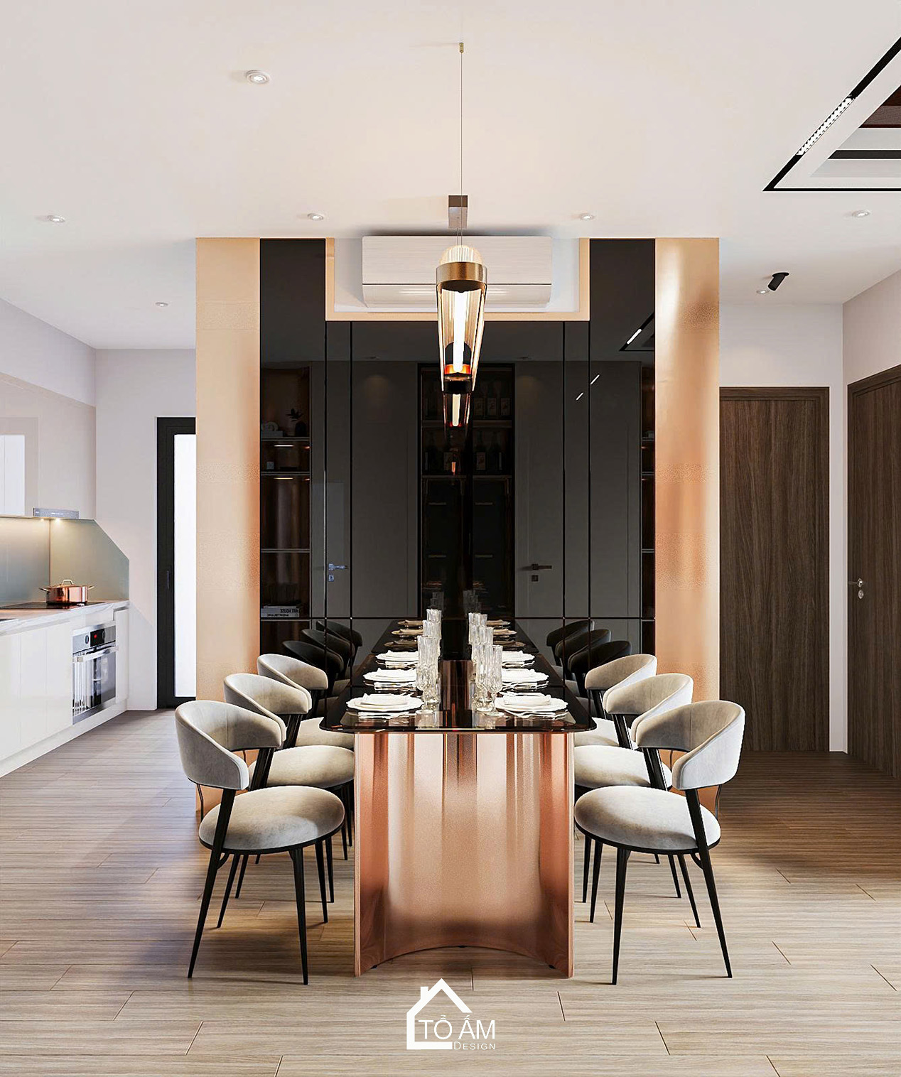 Không gian bếp Acrylic và Melamine căn hộ Ocean Park - Thiết kế 3D chung cư 2 ngủ có phòng làm việc Ocean Park - Tổ Ấm Design