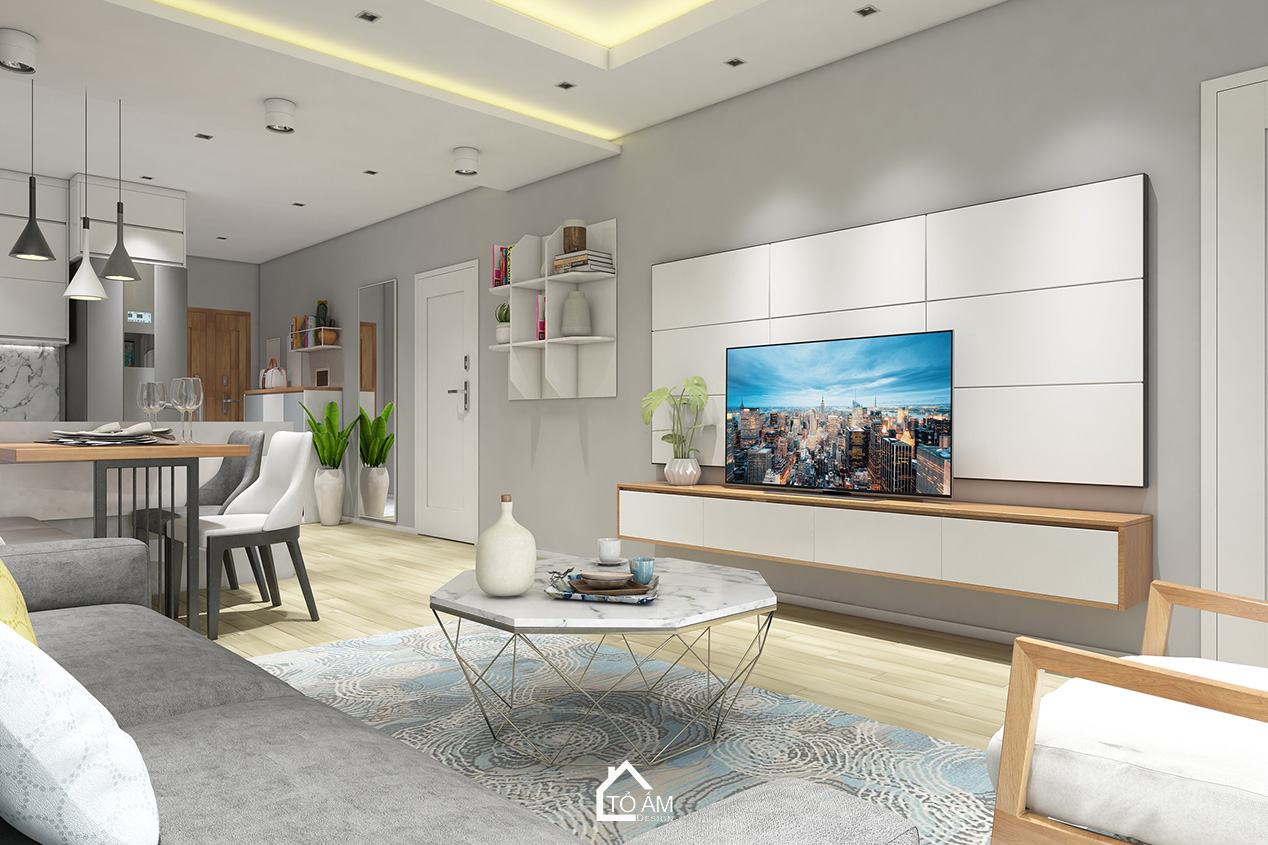 Phòng khách hiện đại, gam màu trắng – Thiết kế 3D chung cư 2 ngủ Hoàng Mai - Tổ Ấm Design