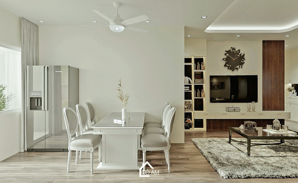 Thiết kế 3D phòng khách – bếp chung cư 3 ngủ Neo-classic tại Cienco 1 - Tổ Ấm Design