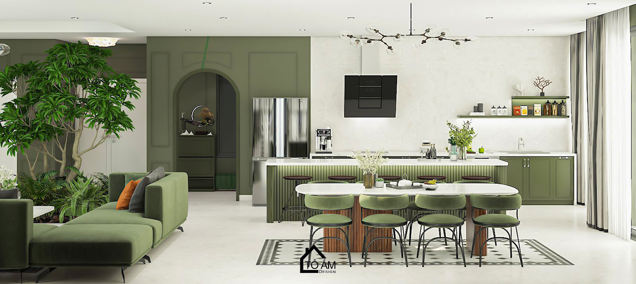Ảnh 3D phòng khách – bếp phong cách Japandi với tone xanh lá chủ đạo tại Tiên Yên - Tổ Ấm Design