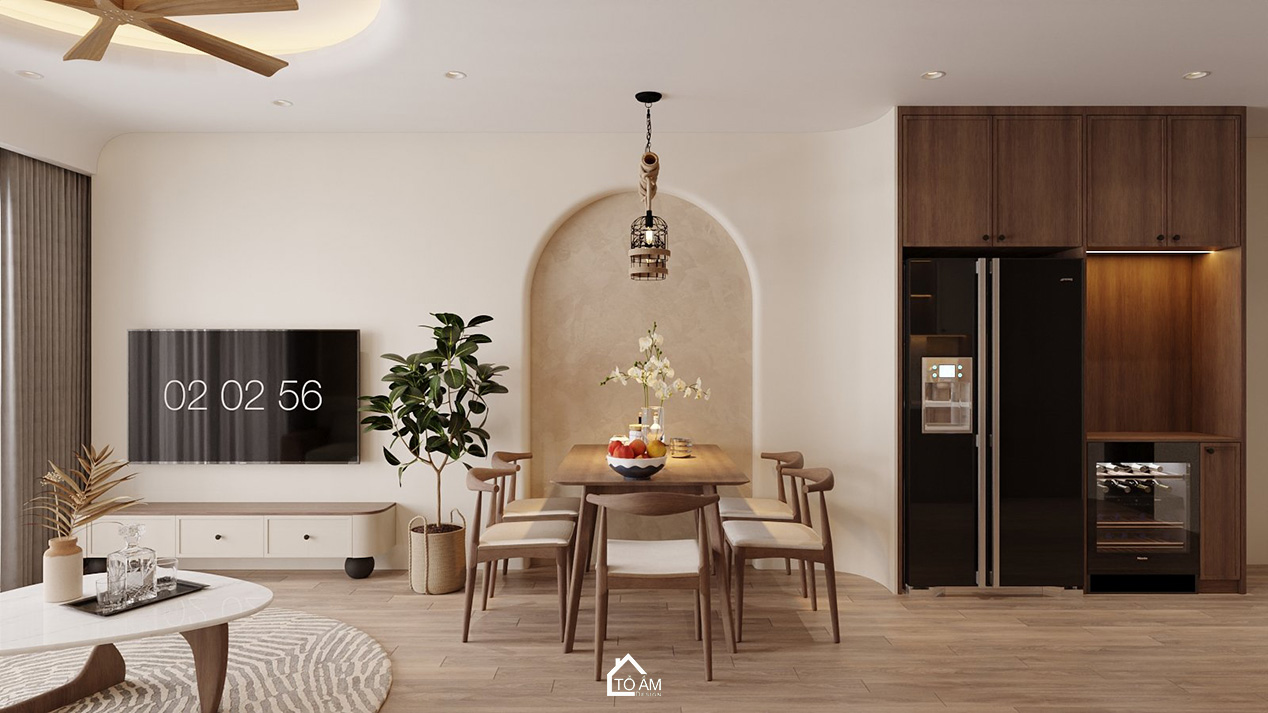 Thiết kế 3D phòng khách bếp nhà phố 6 tầng Hoàng Cầu – phong cách hiện đại Wabisabi, màu gỗ ấm áp - Tổ Ấm Design