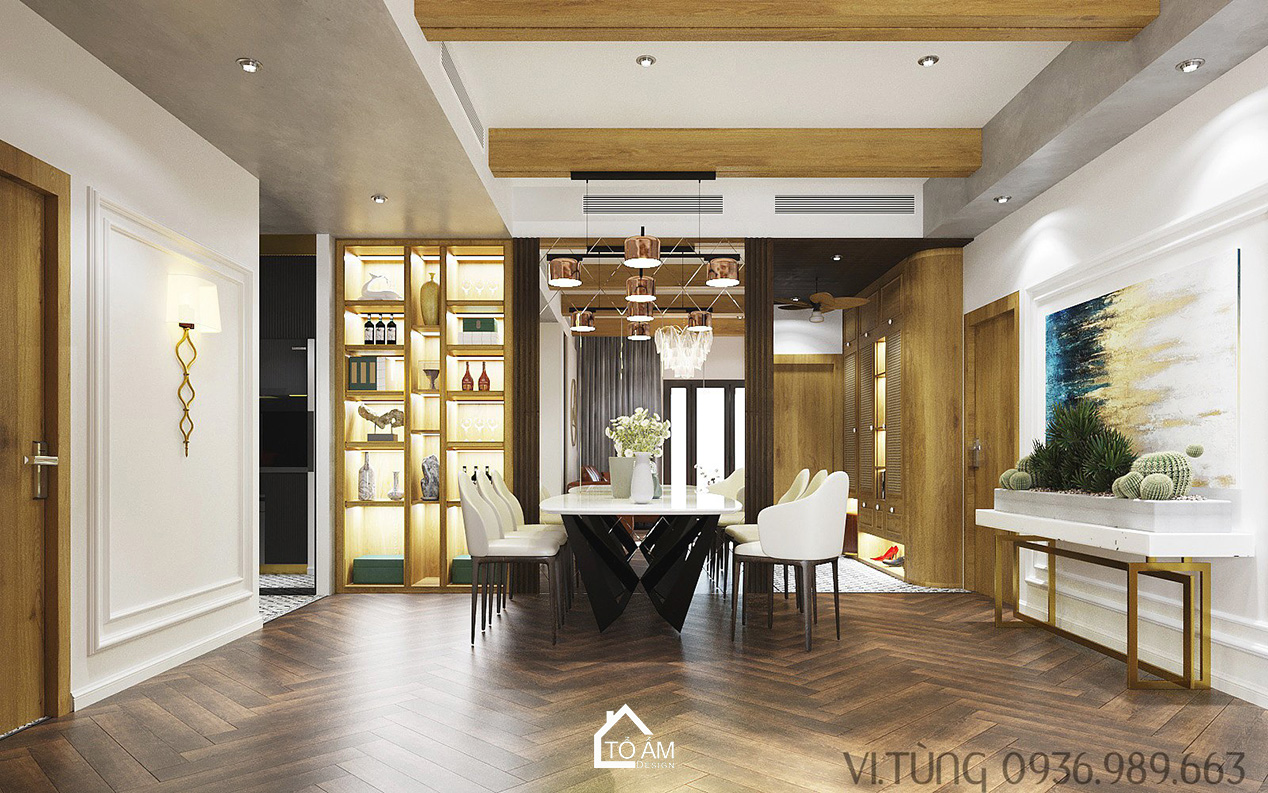 Phòng khách sang trọng, phong cách Modern Luxury pha Indochine – Thiết kế 3D chung cư 2 ngủ Times City - Tổ Ấm Design