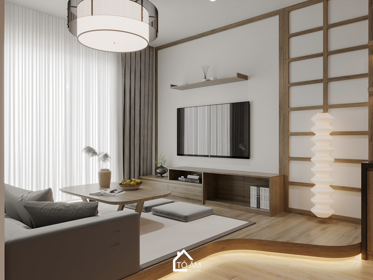 Thiết kế 3D phòng khách tối giản, tinh tế kiểu Nhật Eco Park - Thiết kế 3D chung cư 2 ngủ kiểu Nhật Eco Park – Tổ Ấm Design