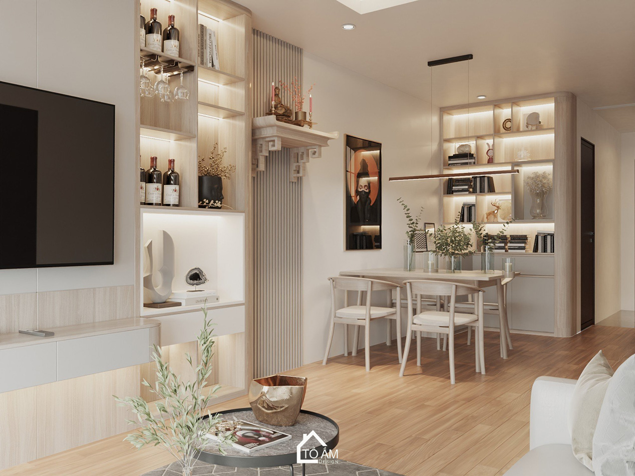 Không gian phòng khách – bàn ăn chung cư 3 ngủ ấm cúng - Thiết kế 3D phòng khách chung cư Ecolake View – Tổ Ấm Design