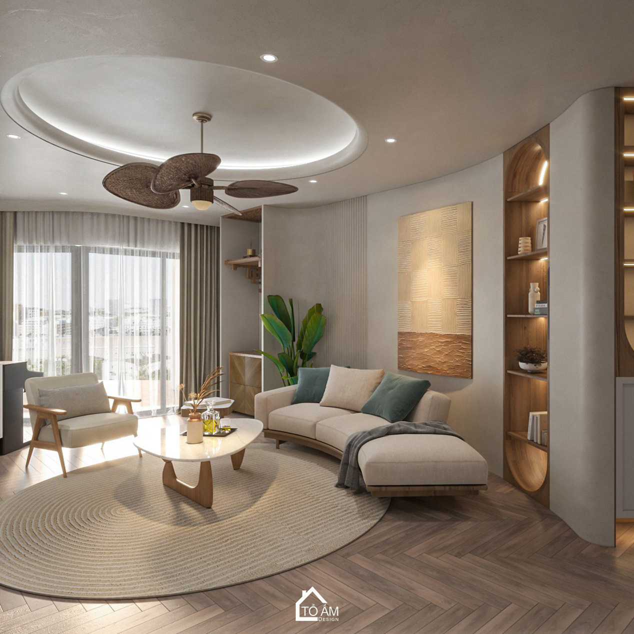 Phòng khách wabisabi tone be gỗ chung cư 173 Xuân Thủy – Thiết kế 3D chung cư 3 ngủ phong cách Wabisabi – Tổ Ấm Design