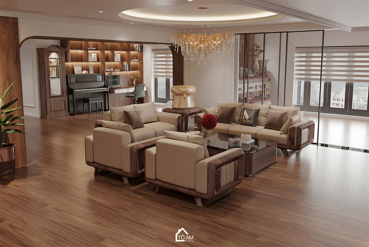 Phòng khách sang trọng, ấm cùng và đầy đủ tiện nghi - Thiết kế 3D chung cư 4 ngủ Mulberry Land - Tổ Ấm Design