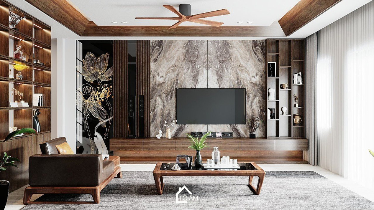 Thiết kế 3D nhà phố liền kề 3 tầng Bắc Ninh – Phòng khách hiện đại với gỗ Óc Chó sang trọng do Tổ Ấm Design thực hiện.