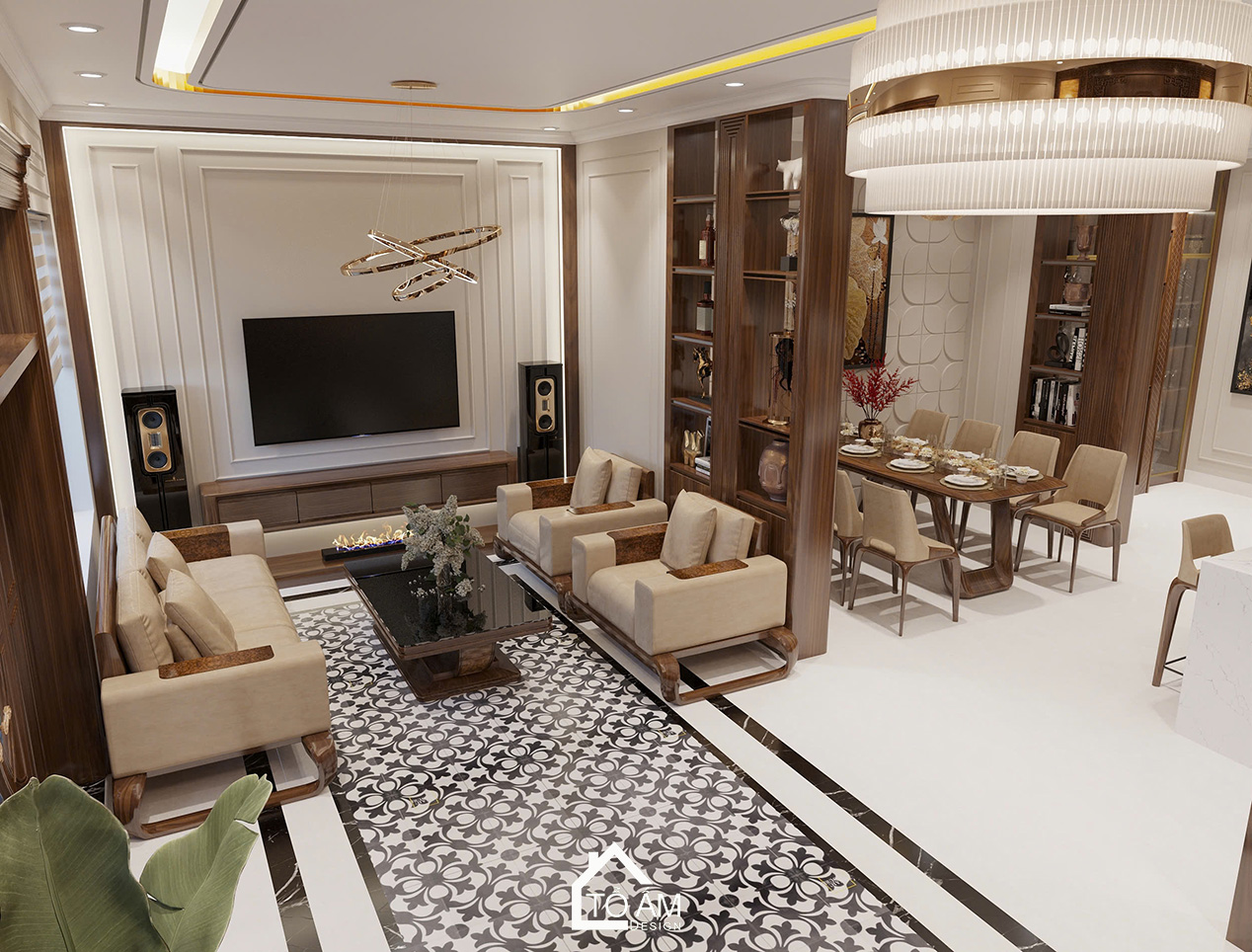 Phòng khách Art Décor hiện đại – Thiết kế 3D nhà phố Yên Nghĩa - Tổ Ấm Design