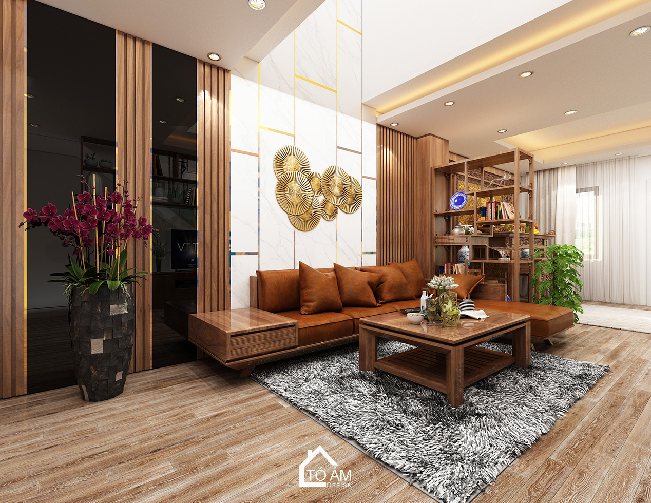 Ảnh 3D thiết kế nhà phố hiện đại tại Thường Tín – Tổ Ấm Design – không gian phòng khách sang trọng, tinh tế với chất liệu gỗ Óc Chó