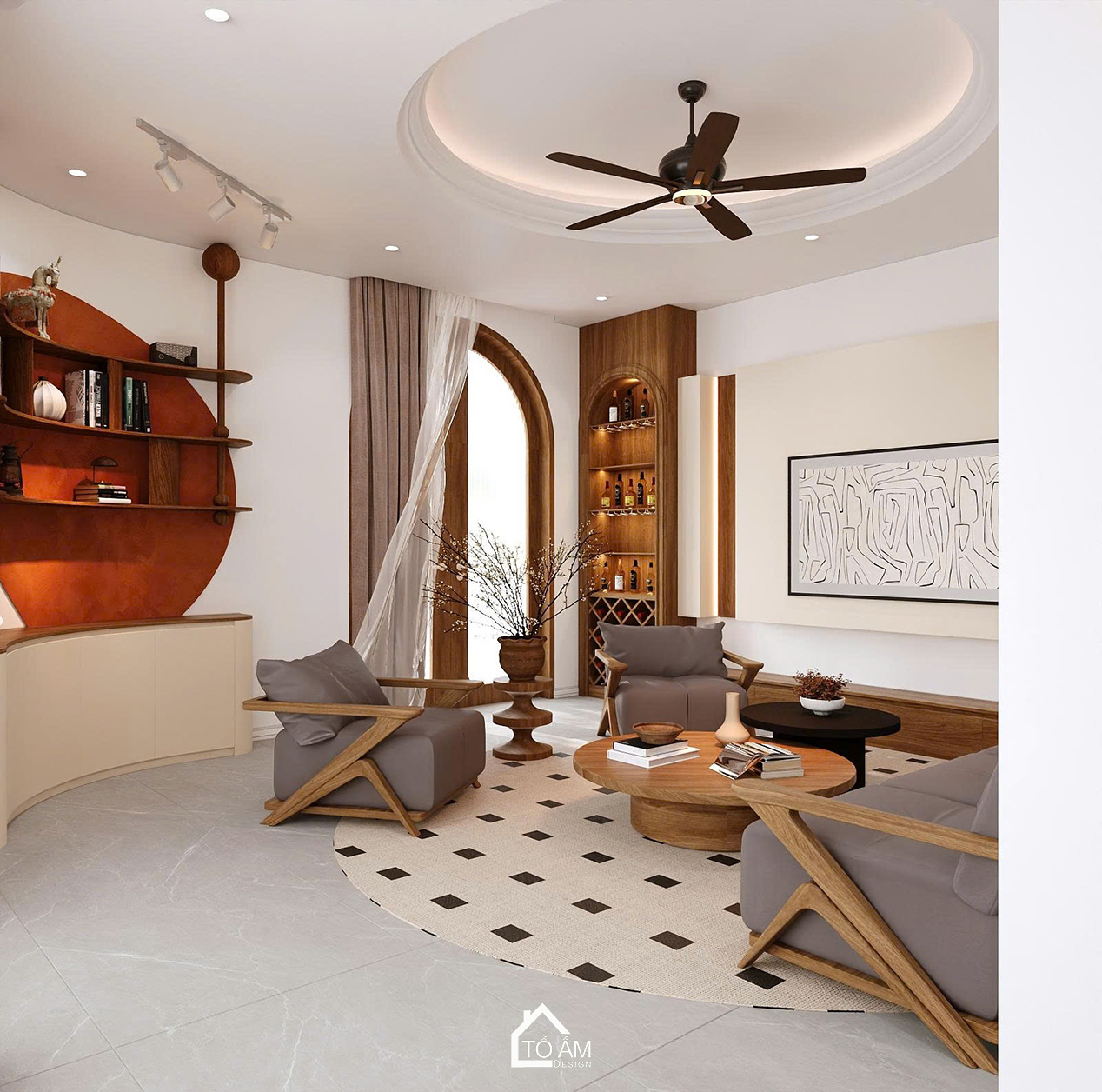 Phòng khách ấm áp phong cách Wabisabi Japandi – Thiết kế 3D nhà phố Japandi Đông Anh - Tổ Ấm Design
