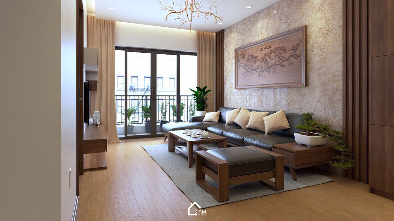 Phòng khách hiện đại ấm áp với gỗ Óc Chó tự nhiên – Thiết kế 3D chung cư 2 ngủ - Tổ Ấm Design