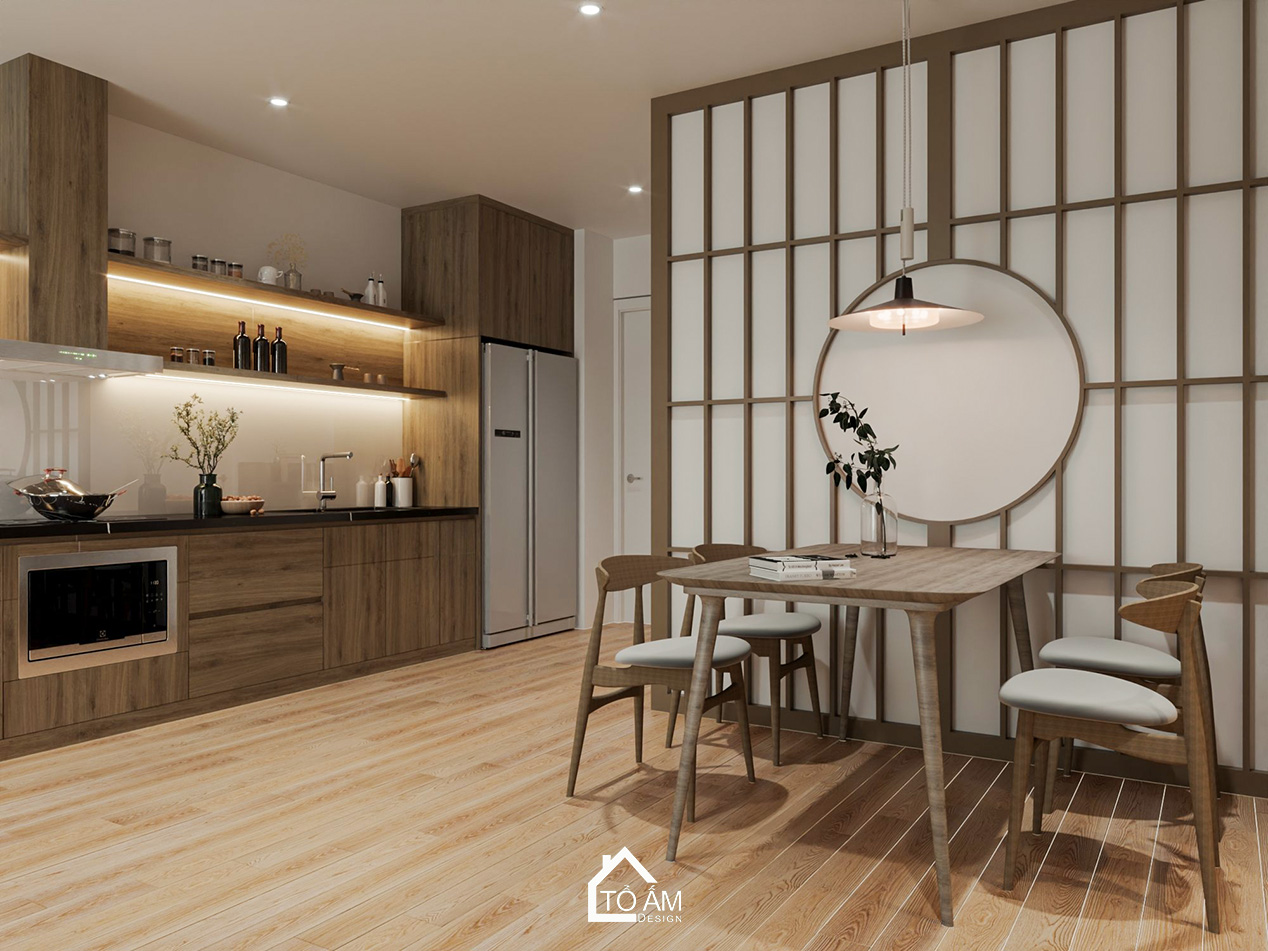Thiết kế 3D phòng bếp tối giản, tiện nghi phong cách Nhật Eco Park - Thiết kế 3D chung cư 2 ngủ kiểu Nhật Eco Park - Tổ Ấm Design