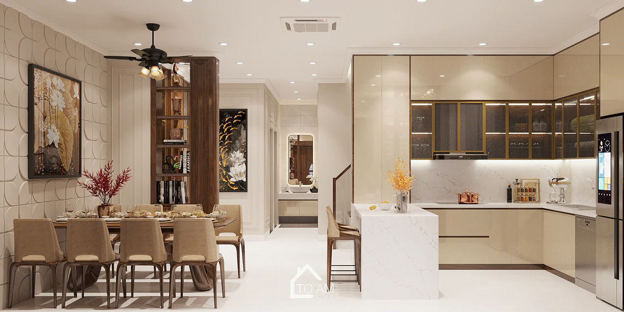 Phòng bếp sang trọng với chất liệu gỗ sồi Mỹ cuat thiết kế 3D nhà phố Art Déco Yên Nghĩa – Tổ Ấm Design