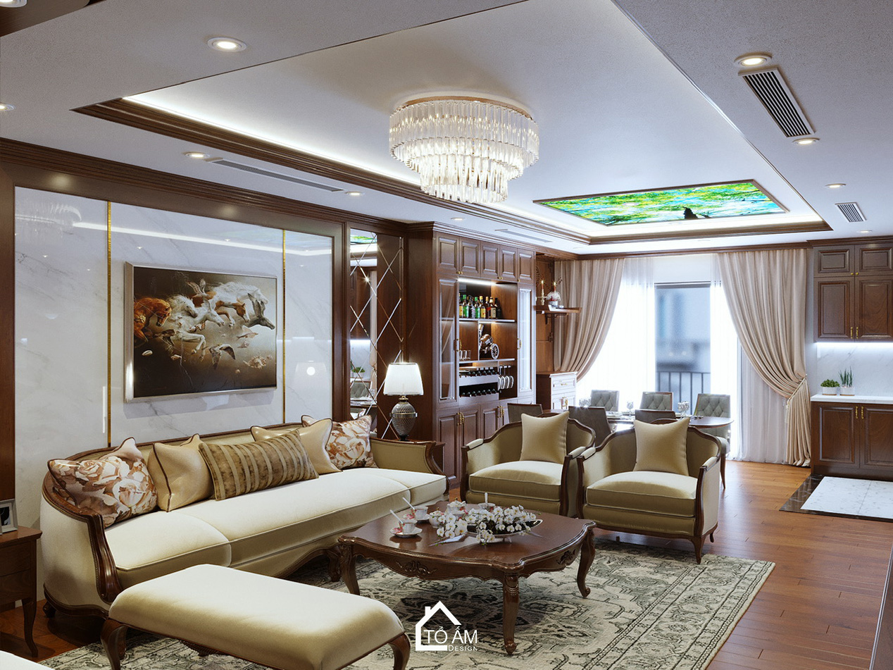 Phòng khách sang trọng với phong cách Tân cổ điển – Thiết kế 3D chung cư 1 ngủ Cầu Giấy - Tổ Ấm Design