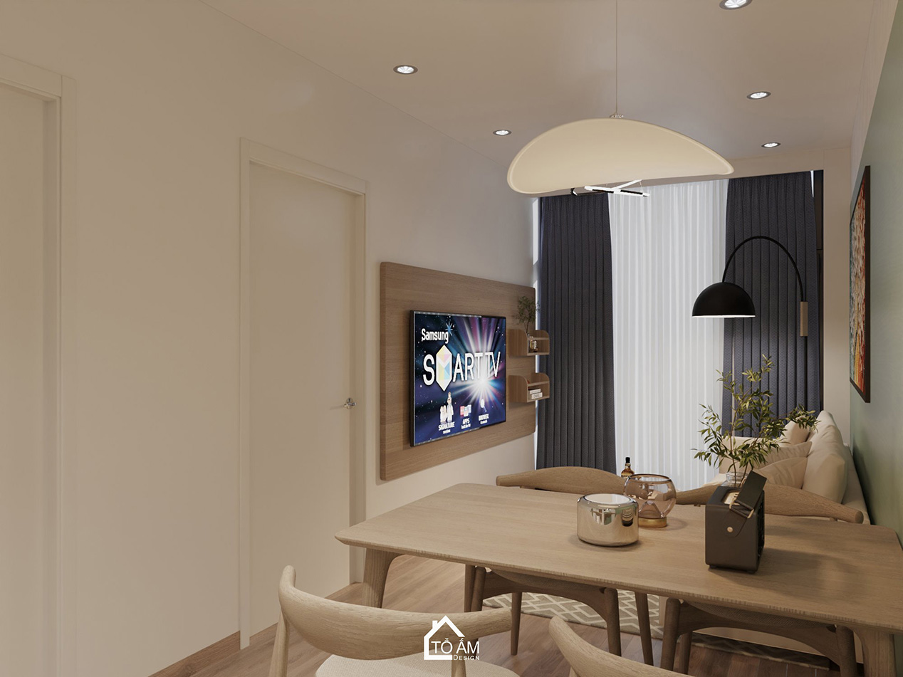 Thiết kế 3D phòng khách – bếp pastel chung cư 2 ngủ chữa lành - Tổ Ấm Design