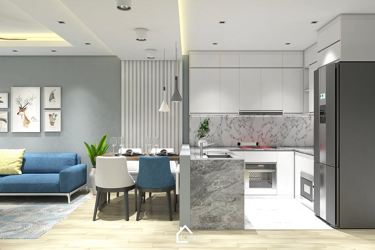 Không gian bếp hiện đại, tủ bếp Melamin và đá Vicostone – Thiết kế 3D chung cư 2 ngủ Hoàng Mai - Tổ Ấm Design
