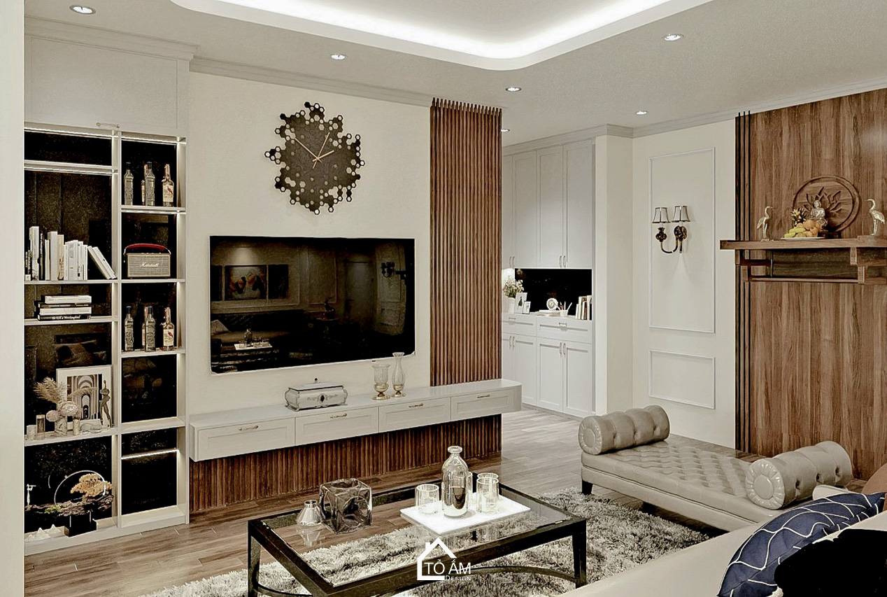 Thiết kế 3D phòng khách – bếp chung cư 3 ngủ Neo-classic tại Cienco 1 - Tổ Ấm Design