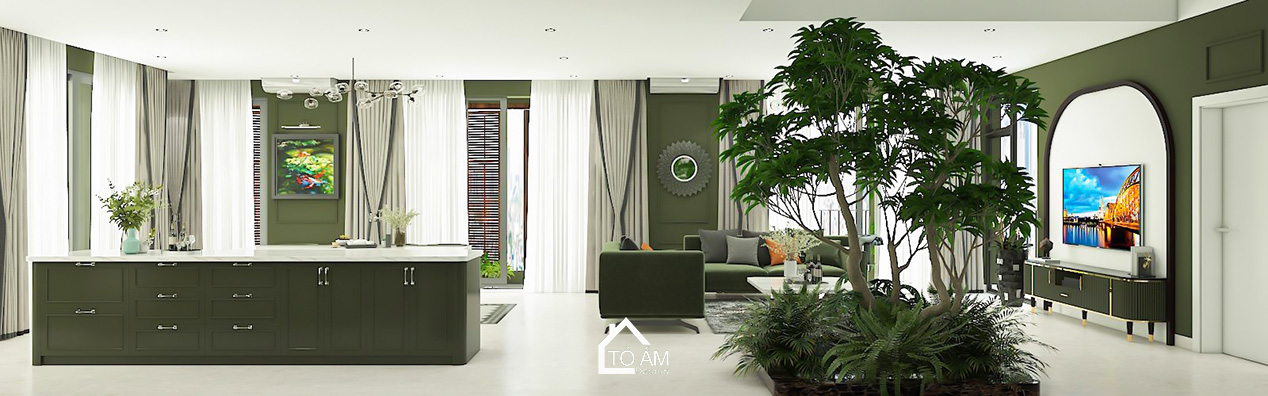 Ảnh 3D phòng khách – bếp phong cách Japandi với tone xanh lá chủ đạo tại Tiên Yên - Tổ Ấm Design