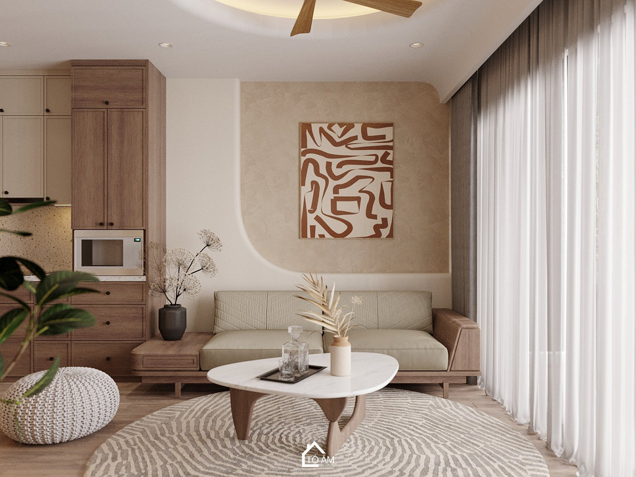 Thiết kế 3D phòng khách bếp nhà phố 6 tầng Hoàng Cầu – phong cách hiện đại Wabisabi, màu gỗ ấm áp - Tổ Ấm Design