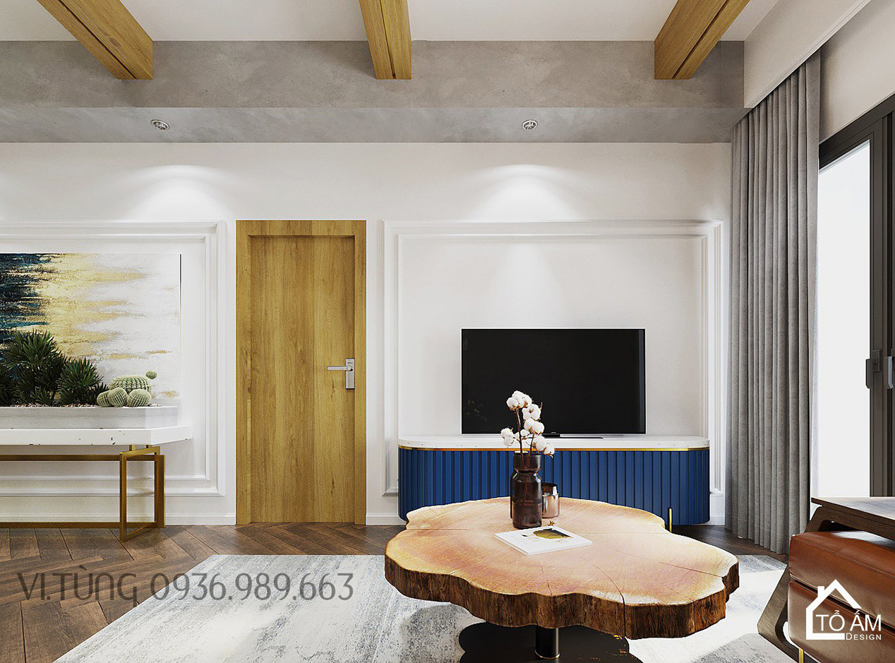 Phòng khách sang trọng, phong cách Modern Luxury pha Indochine – Thiết kế 3D chung cư 2 ngủ Times City - Tổ Ấm Design