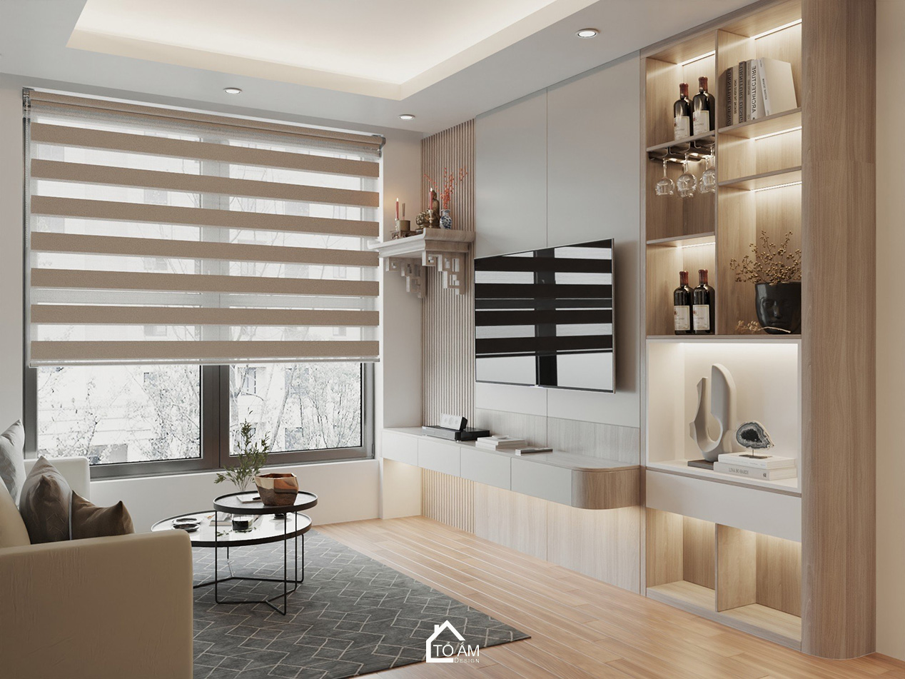 Không gian phòng khách – bàn ăn chung cư 3 ngủ ấm cúng - Thiết kế 3D phòng khách chung cư Ecolake View – Tổ Ấm Design