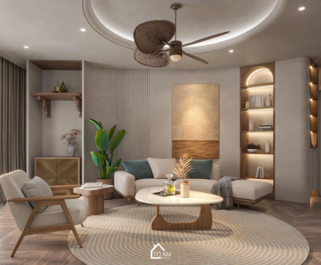 Phòng khách wabisabi tone be gỗ chung cư 173 Xuân Thủy – Thiết kế 3D chung cư 3 ngủ phong cách Wabisabi – Tổ Ấm Design