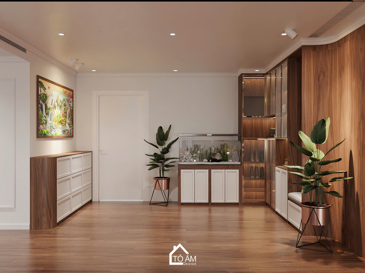 Phòng khách sang trọng, ấm cùng và đầy đủ tiện nghi - Thiết kế 3D chung cư 4 ngủ Mulberry Land - Tổ Ấm Design