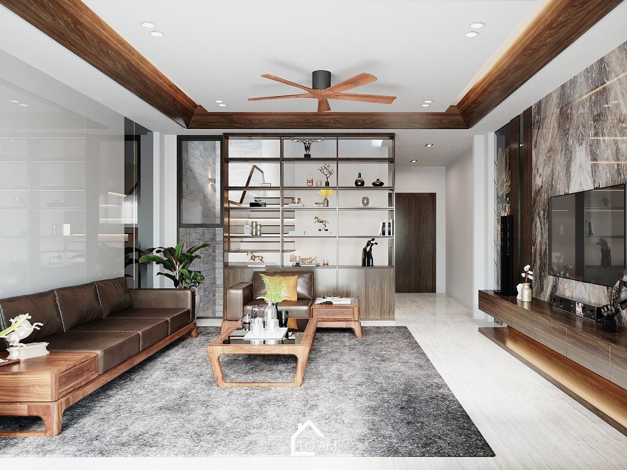 Thiết kế 3D nhà phố liền kề 3 tầng Bắc Ninh – Phòng khách hiện đại với gỗ Óc Chó sang trọng do Tổ Ấm Design thực hiện.