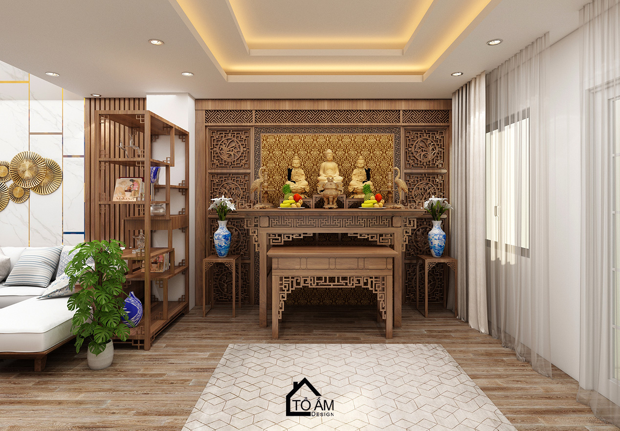 Ảnh 3D thiết kế nhà phố hiện đại tại Thường Tín – Tổ Ấm Design – không gian phòng khách sang trọng, tinh tế với chất liệu gỗ Óc Chó