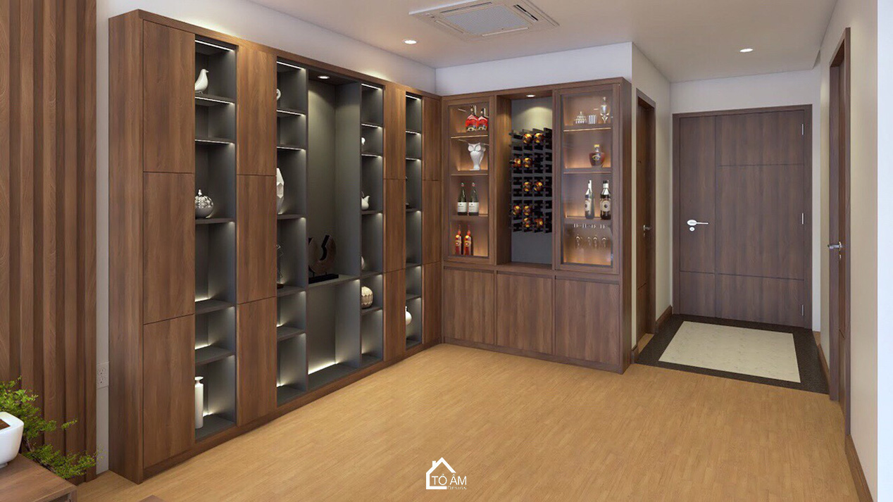 Tủ rượu âm tường gỗ Óc Chó hiện đại – Thiết kế 3D chung cư 2 ngủ - Tổ Ấm Design