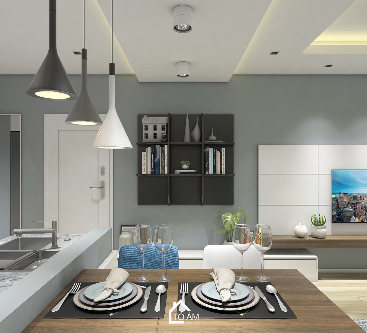 Không gian bếp hiện đại, tủ bếp Melamin và đá Vicostone – Thiết kế 3D chung cư 2 ngủ Hoàng Mai - Tổ Ấm Design