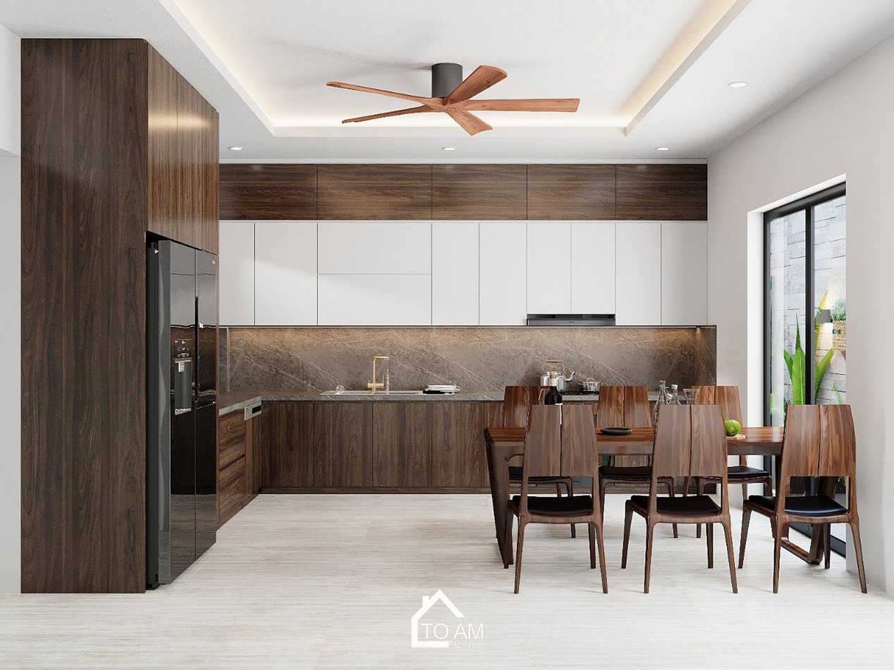 Thiết kế 3D nhà phố liền kề 3 tầng Bắc Ninh – Phòng bếp hiện đại với gỗ Óc Chó sang trọng do Tổ Ấm Design thực hiện.