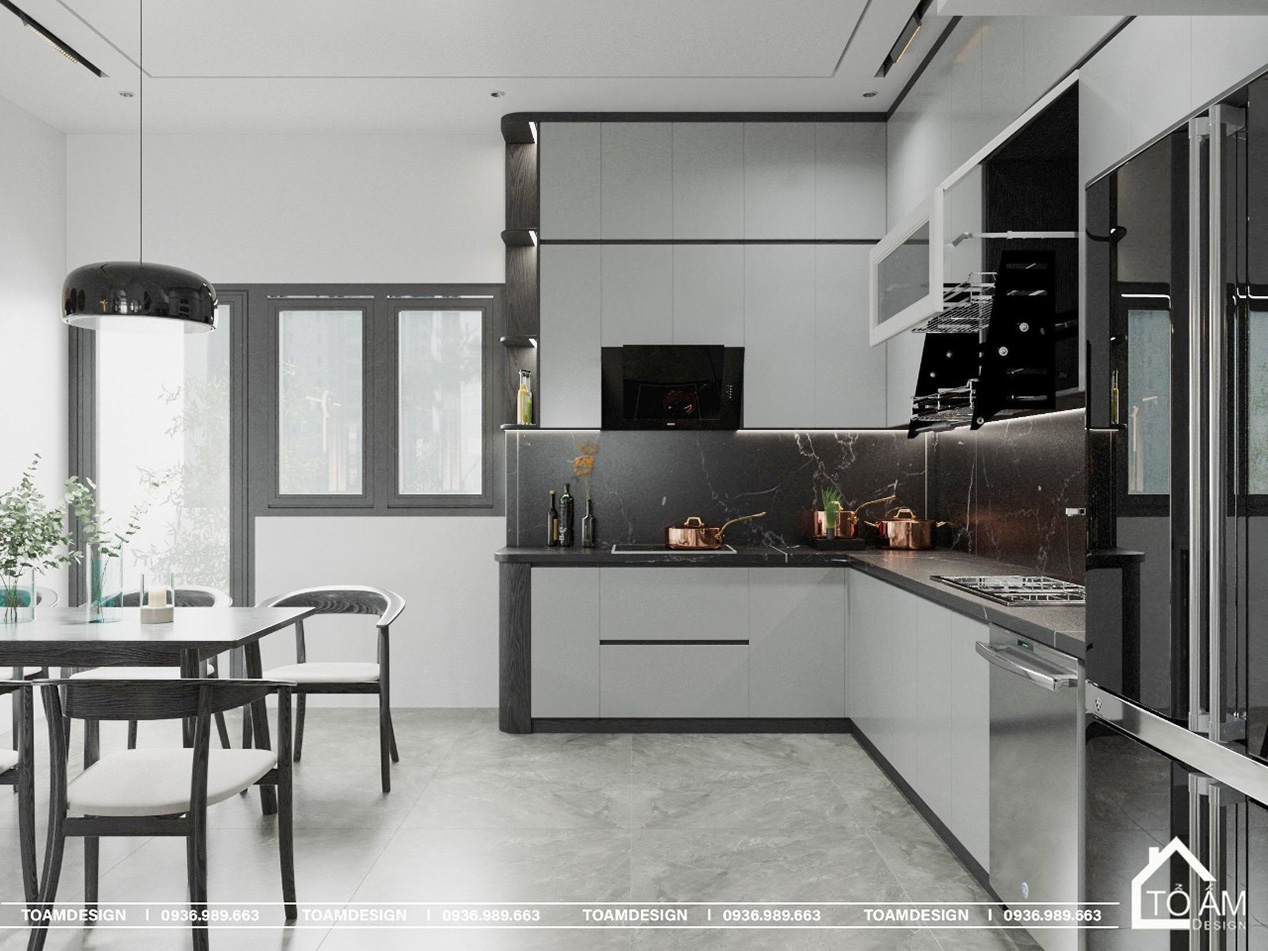 Phòng bếp sang trọng trong thiết kế 3D nhà phố 4 tầng Lạng Sơn - Tổ Ấm Design