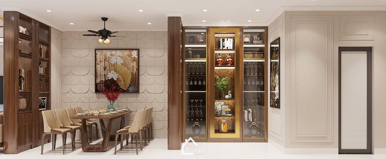 Phòng bếp sang trọng với chất liệu gỗ sồi Mỹ cuat thiết kế 3D nhà phố Art Déco Yên Nghĩa – Tổ Ấm Design