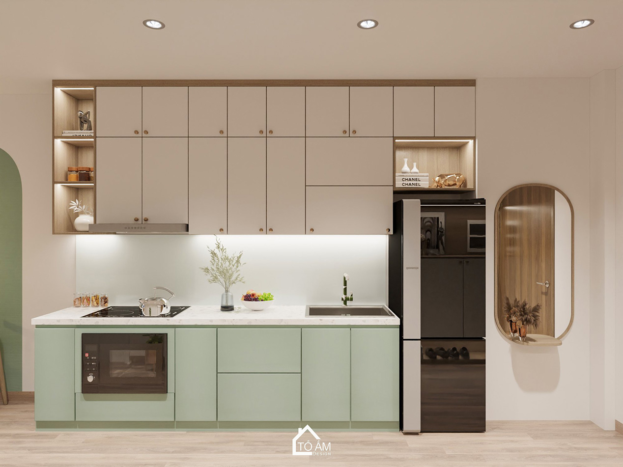 Thiết kế 3D phòng khách – bếp pastel chung cư 2 ngủ chữa lành - Tổ Ấm Design