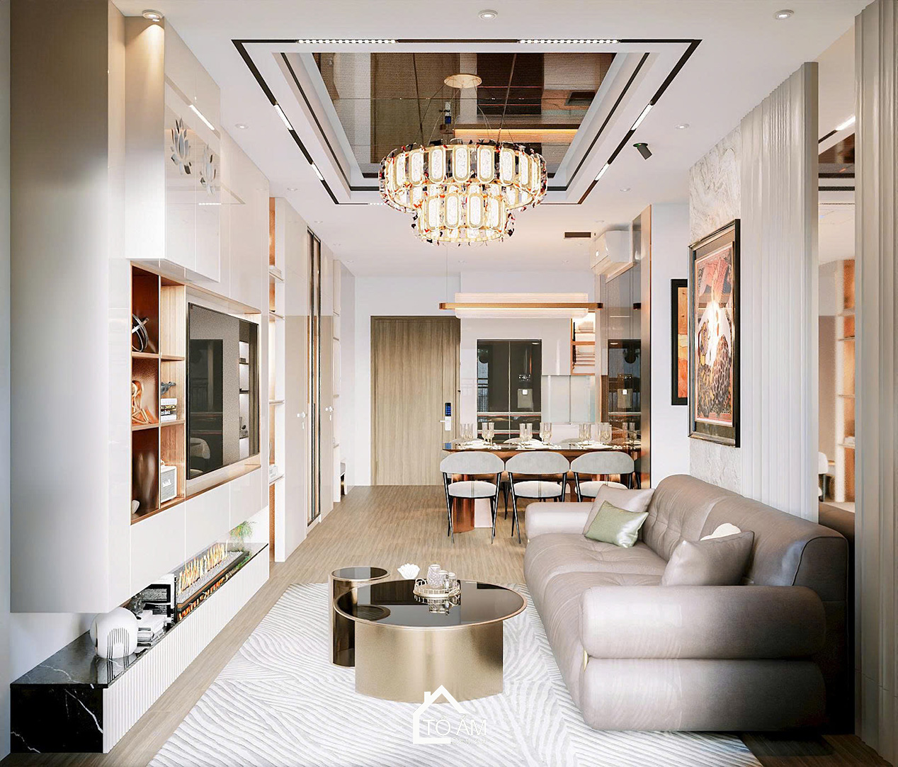 Thiết kế 3D phòng khách – bếp chung cư Ocean Park phong cách Modern Luxury - Thiết kế 3D chung cư 2 ngủ có phòng làm việc Ocean Park - Tổ Ấm Design