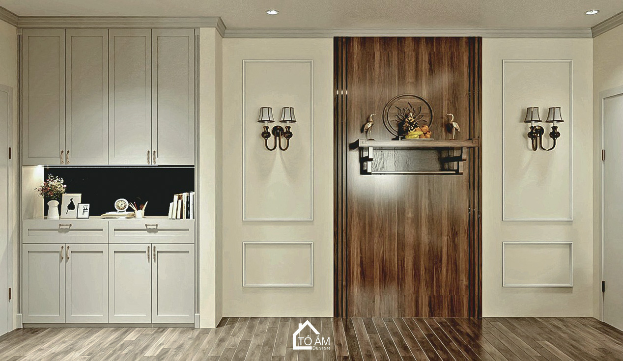 Thiết kế 3D phòng khách – bếp chung cư 3 ngủ Neo-classic tại Cienco 1 - Tổ Ấm Design