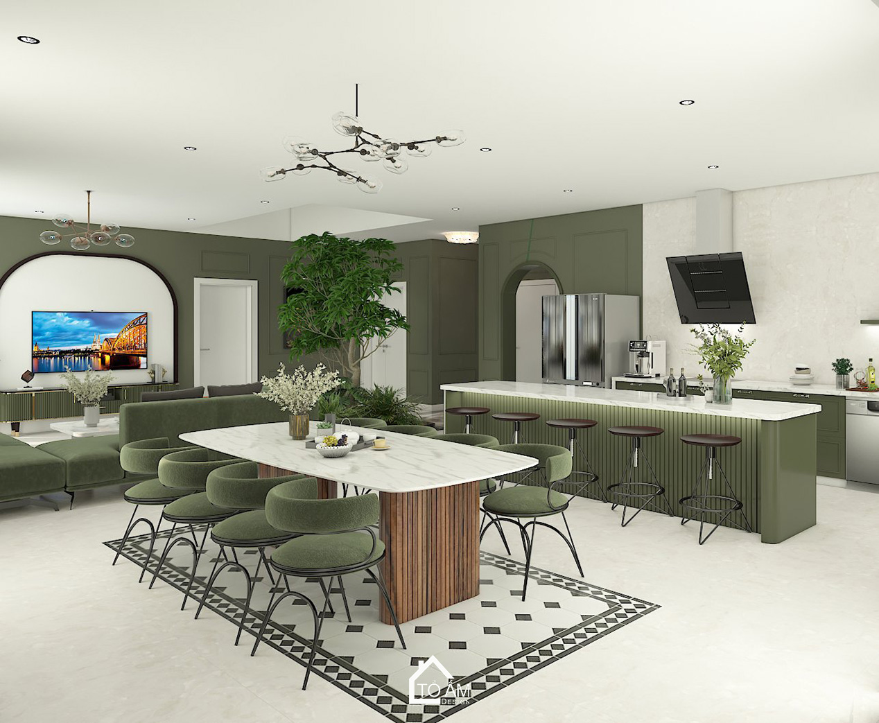 Ảnh 3D phòng khách – bếp phong cách Japandi với tone xanh lá chủ đạo tại Tiên Yên - Tổ Ấm Design