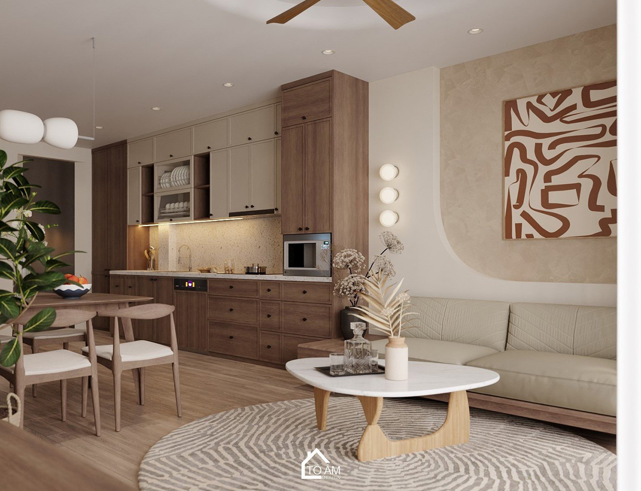 Thiết kế 3D phòng khách bếp nhà phố 6 tầng Hoàng Cầu – phong cách hiện đại Wabisabi, màu gỗ ấm áp - Tổ Ấm Design