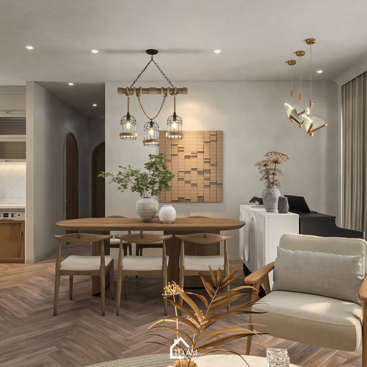 Phòng khách wabisabi tone be gỗ chung cư 173 Xuân Thủy – Thiết kế 3D chung cư 3 ngủ phong cách Wabisabi – Tổ Ấm Design